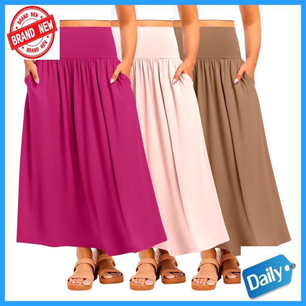 Plus Size Maxi A-Line Pleated Skirt High Waisted with Pocket Summer Casual
